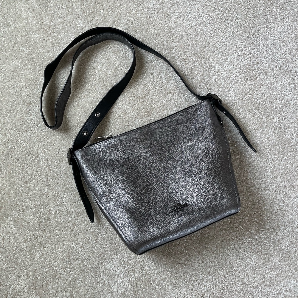 Coach Metallic Gunmetal Silver Crossbody Pebbled Leather Shoulder Bag
